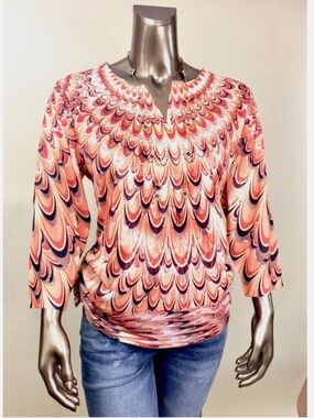 *NWT CLOSING-SALE CHICO'S SIZE 1 (M) GEO V NECK 3/4 SLV RUCHED SIDE TOP $74